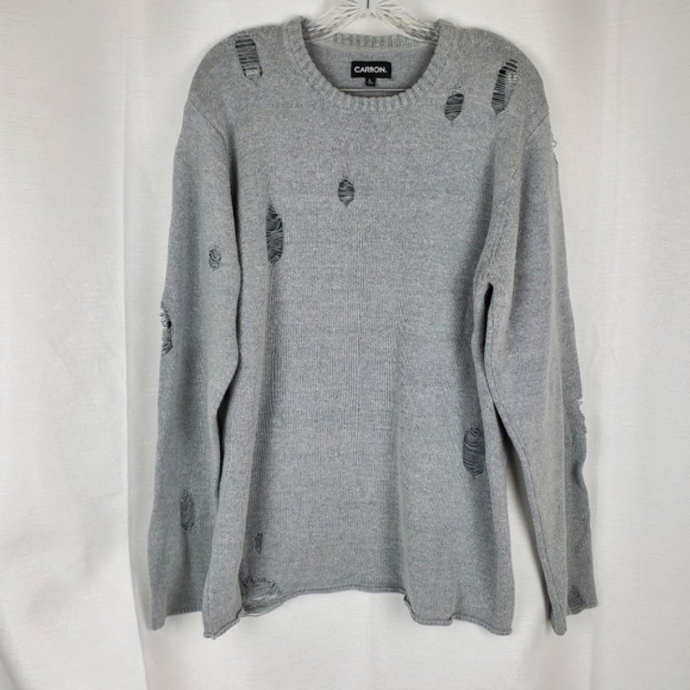 CARBON Distressed Crew Neck Knit Sweater in Gray